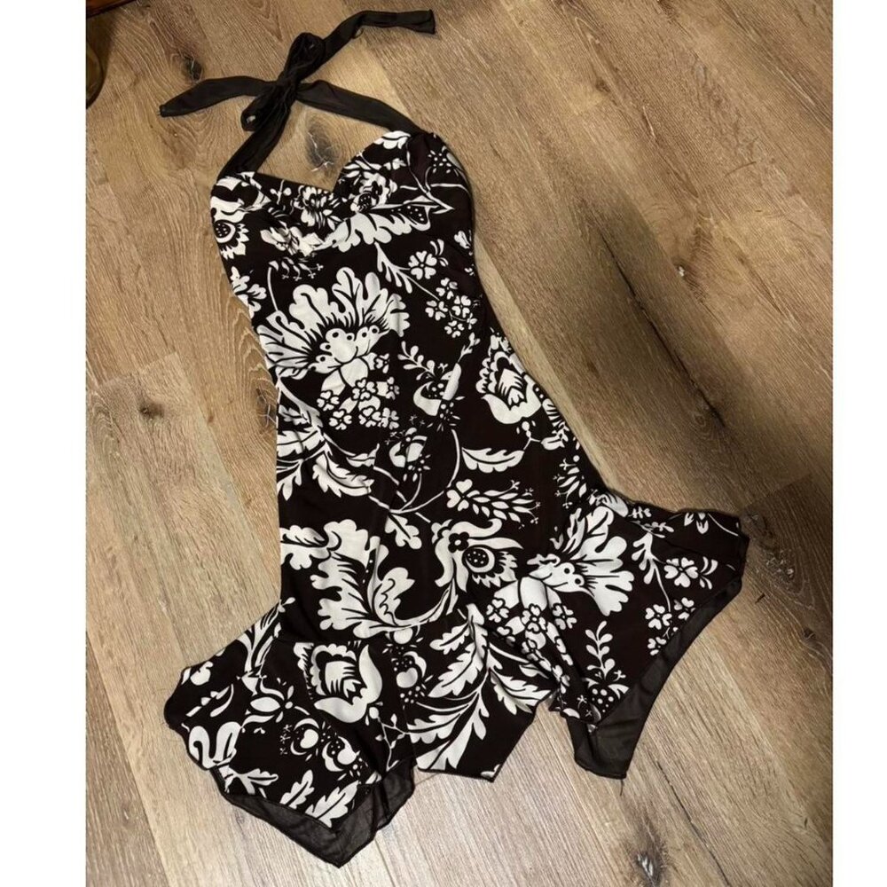 Y2K Vintage Hawaiian floral Mocha Mousse‎ chocolate brown ruffle hem sz S